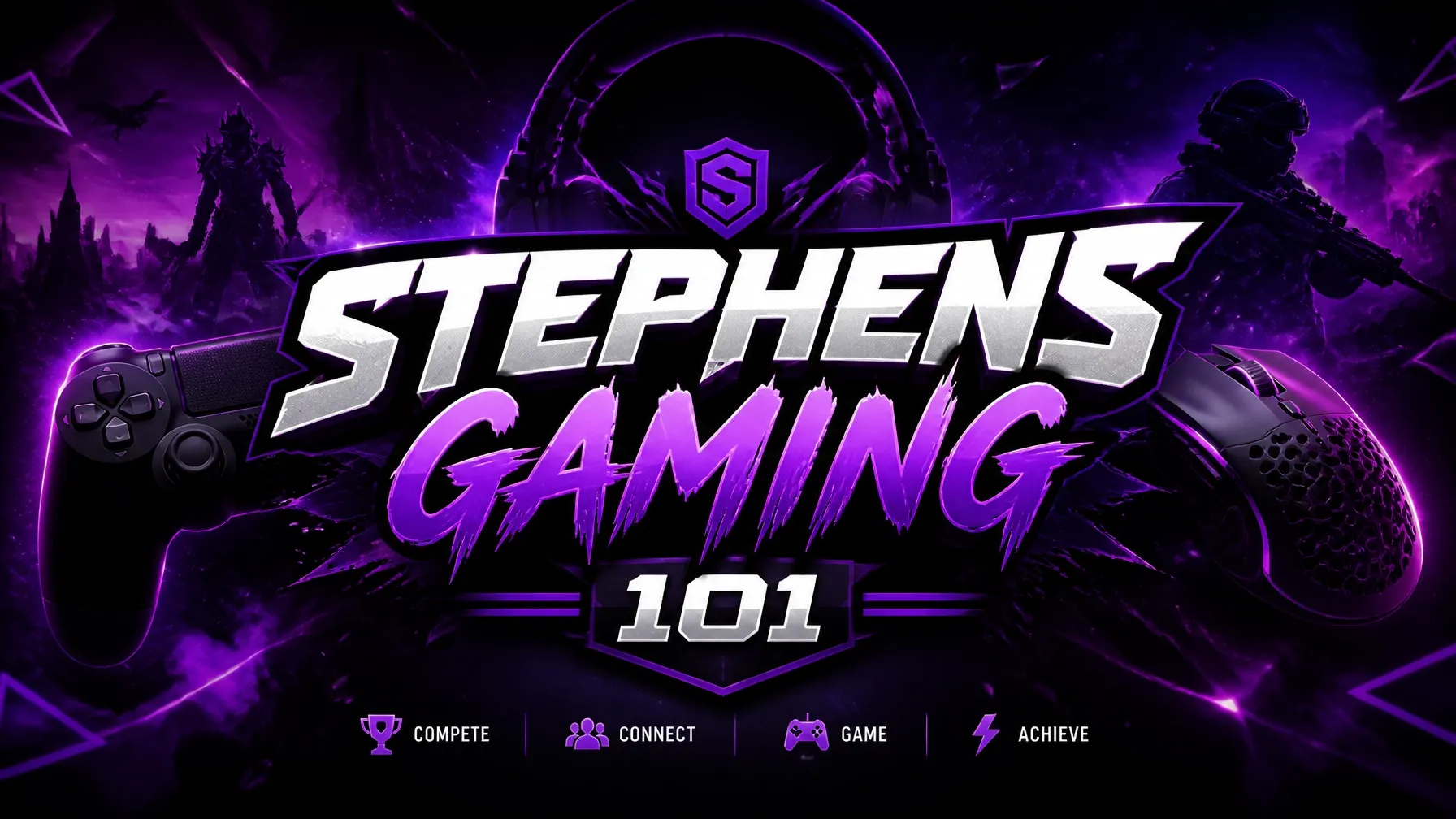 Stephens Gaming 101 gaming brand banner with controllers, headset, and community pillars